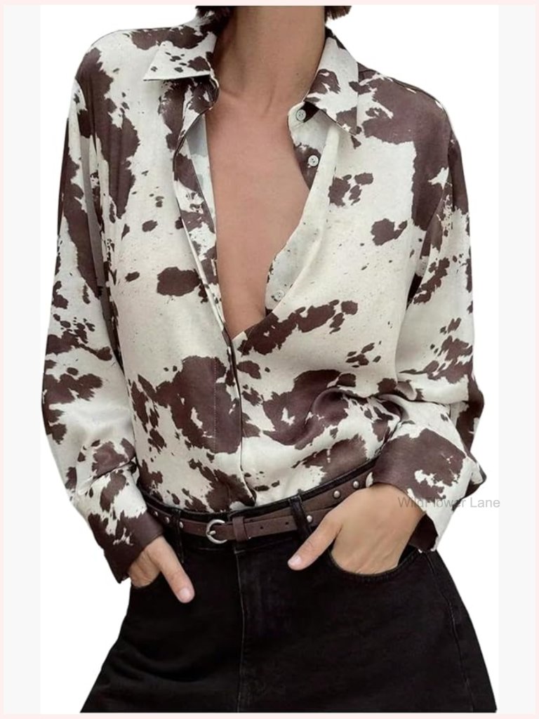 Cow Print Button Down Shirt Blouse Long Sleeve Dressy Western Top